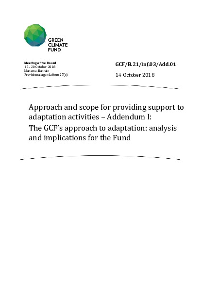 Document cover for Approach and scope for providing support to adaptation activities – Addendum I: The GCF’s approach to adaptation: analysis and implications for the Fund