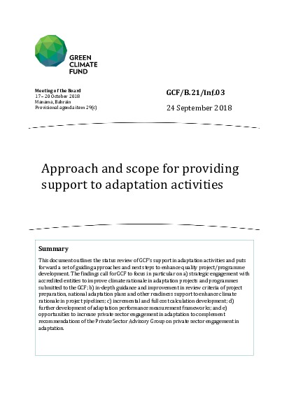 Document cover for Approach and scope for providing support to adaptation activities