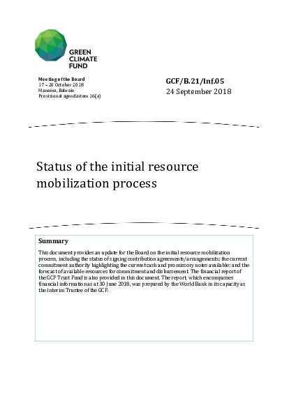 Document cover for Status of the initial resource mobilization process