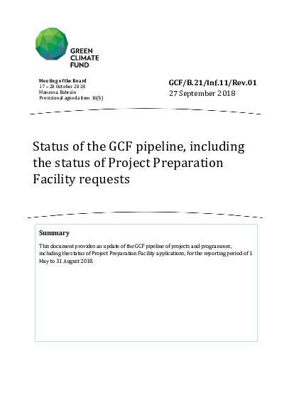 Document cover for Status of the GCF pipeline, including the status of Project Preparation Facility requests