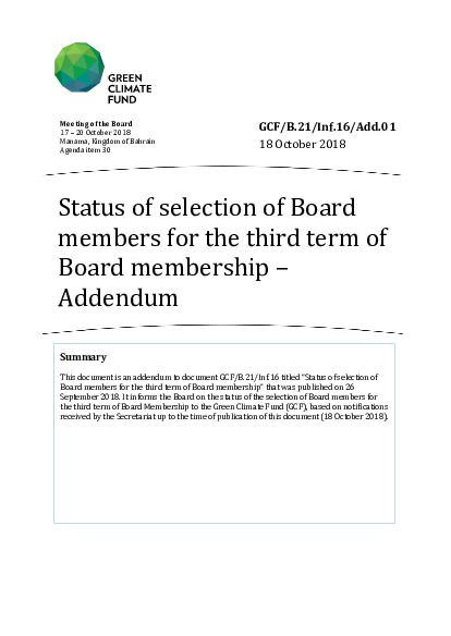 Document cover for Status of selection of Board members for the third term of Board membership - Addendum