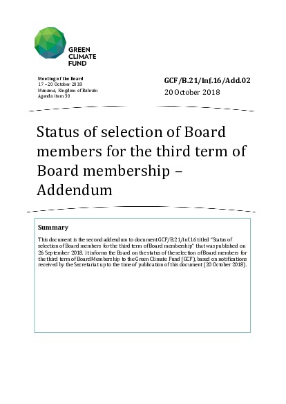 Document cover for Status of selection of Board members for the third term of Board membership – Addendum