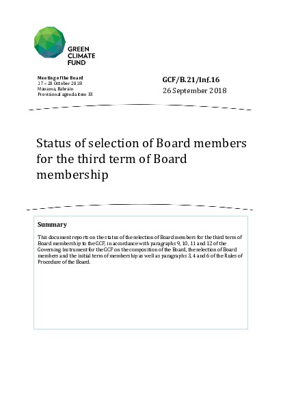 Document cover for Status of selection of Board members for the third term of Board membership