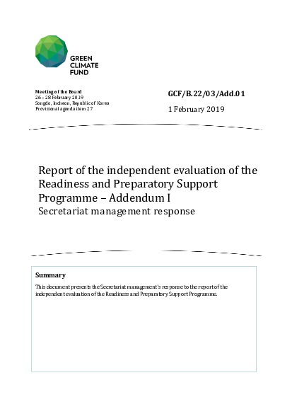 Download Report of the independent evaluation of the Readiness and Preparatory Support Programme – Addendum I: Secretariat management response Document cover for Report of the independent evaluation of the Readiness and Preparatory Support Programme – Addendum I: Secretariat management response
