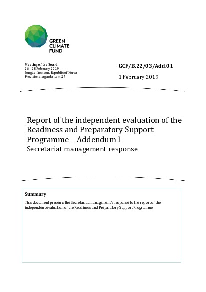 Document cover for Report of the independent evaluation of the Readiness and Preparatory Support Programme – Addendum I: Secretariat management response