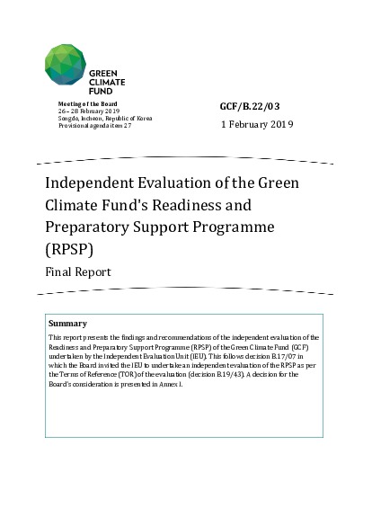Download Independent Evaluation of the Green Climate Fund's Readiness and Preparatory Support Programme (RPSP) - Final Report Document cover for Independent Evaluation of the Green Climate Fund's Readiness and Preparatory Support Programme (RPSP) - Final Report