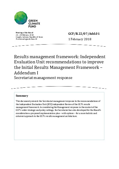Document cover for Results management framework: Independent Evaluation Unit recommendations to improve the Initial Results Management Framework – Addendum I: Secretariat management response
