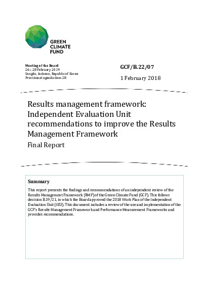 Document cover for Results management framework: Independent Evaluation Unit recommendations to improve the Results Management Framework - Final Report