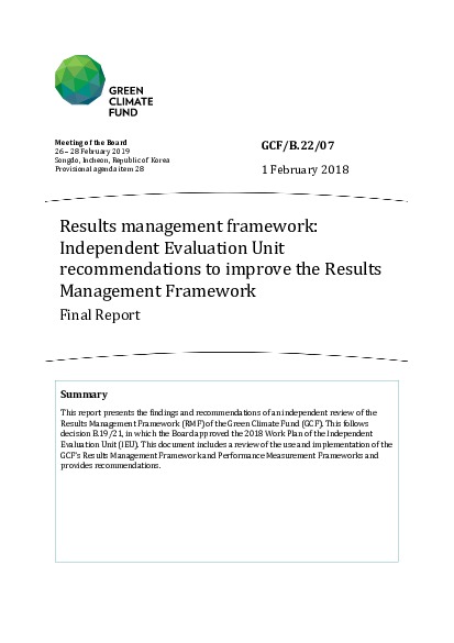 Download Results management framework: Independent Evaluation Unit recommendations to improve the Results Management Framework - Final Report Document cover for Results management framework: Independent Evaluation Unit recommendations to improve the Results Management Framework - Final Report