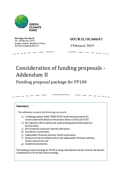 Document cover for Consideration of funding proposals - Addendum II Funding proposal package for FP100