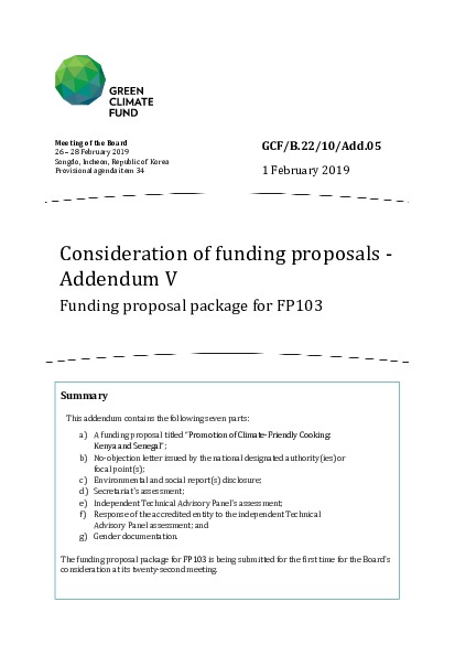 Document cover for Consideration of funding proposals - Addendum V Funding proposal package for FP103