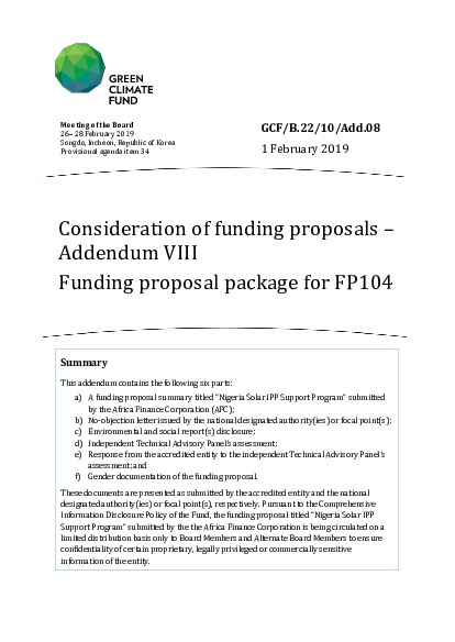 Document cover for Consideration of funding proposals – Addendum VIII Funding proposal package for FP104