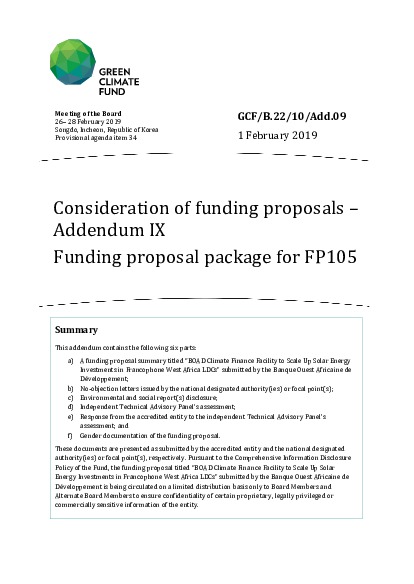Document cover for Consideration of funding proposals – Addendum IX Funding proposal package for FP105