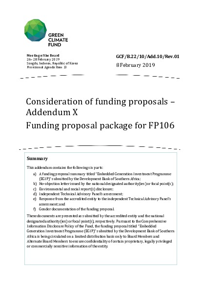 Document cover for Consideration of funding proposals – Addendum X Funding proposal package for FP106