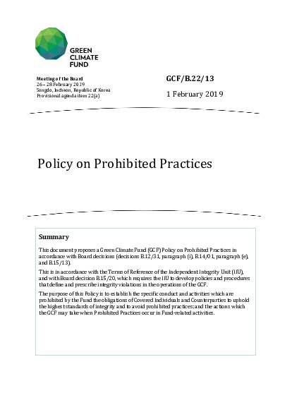 Document cover for Policy on Prohibited Practices