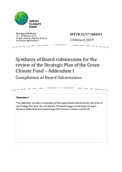 Document cover for Synthesis of Board submissions for the review of the Strategic Plan of the Green Climate Fund – Addendum I: Compilation of Board Submissions