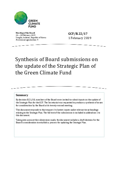 Document cover for Synthesis of Board submissions on the update of the Strategic Plan of the Green Climate Fund