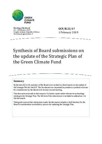 Download Synthesis of Board submissions on the update of the Strategic Plan of the Green Climate Fund Document cover for Synthesis of Board submissions on the update of the Strategic Plan of the Green Climate Fund
