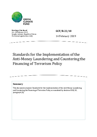 Document cover for Standards for the Implementation of the Anti-Money Laundering and Countering the Financing of Terrorism Policy