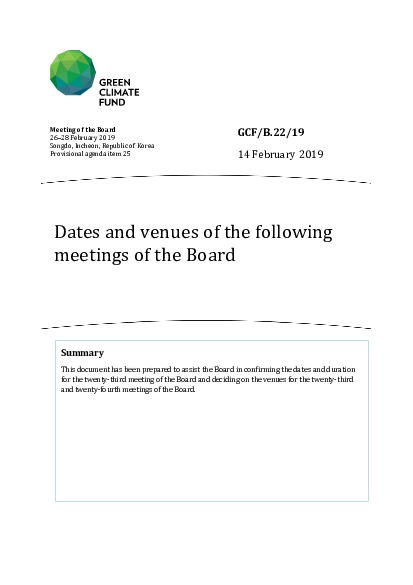 Document cover for Dates and venues of the following meetings of the Board