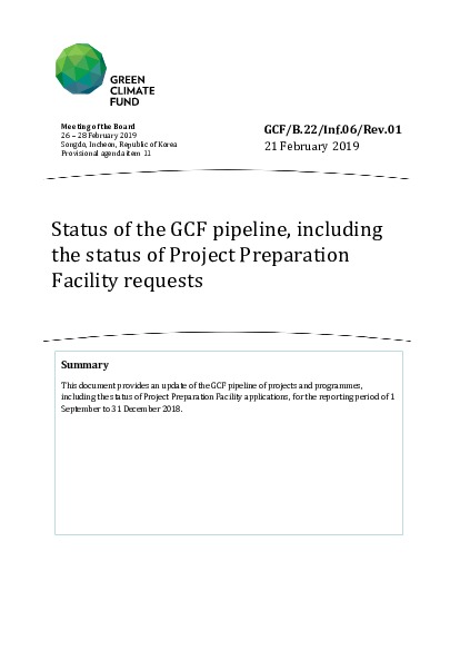 Document cover for Status of the GCF pipeline, including the status of Project Preparation Facility requests