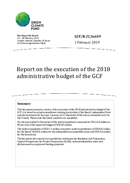 Document cover for Report on the execution of the 2018 administrative budget of the GCF