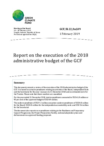 Download Report on the execution of the 2018 administrative budget of the GCF Document cover for Report on the execution of the 2018 administrative budget of the GCF
