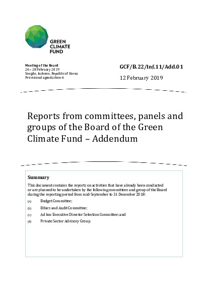 Document cover for Reports from committees, panels and groups of the Board of the Green Climate Fund – Addendum