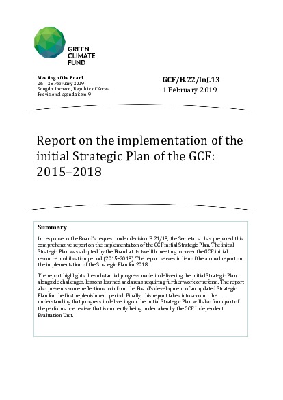Document cover for Report on the implementation of the initial Strategic Plan of the GCF: 2015–2018