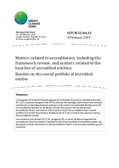 Document cover for Matters related to accreditation, including the framework review, and matters related to the baseline of accredited entities: Baseline on the overall portfolio of accredited entities