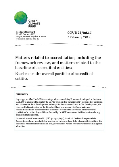 Download Matters related to accreditation, including the framework review, and matters related to the baseline of accredited entities: Baseline on the overall portfolio of accredited entities Document cover for Matters related to accreditation, including the framework review, and matters related to the baseline of accredited entities: Baseline on the overall portfolio of accredited entities