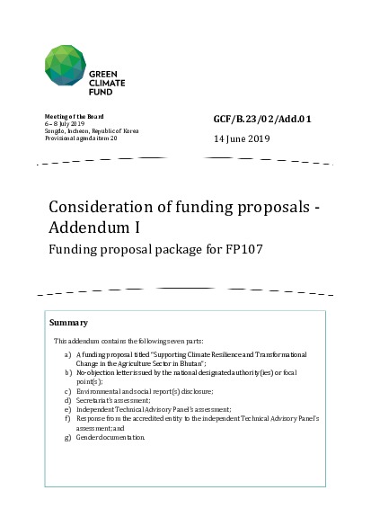 Document cover for Consideration of funding proposals - Addendum I Funding proposal package for FP107