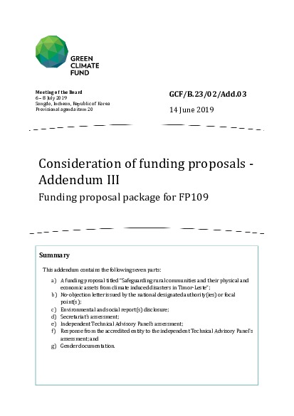 Document cover for Consideration of funding proposals - Addendum III Funding proposal package for FP109