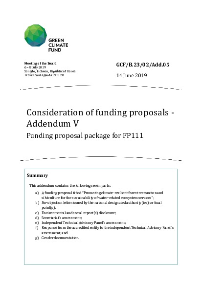Document cover for Consideration of funding proposals - Addendum V Funding proposal package for FP111