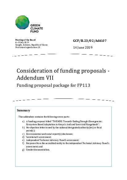 Document cover for Consideration of funding proposals - Addendum VII Funding proposal package for FP113