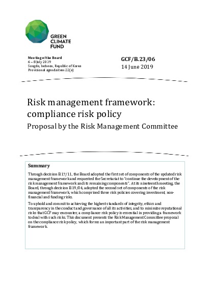 Document cover for Risk management framework: compliance risk policy - Proposal by the Risk Management Committee