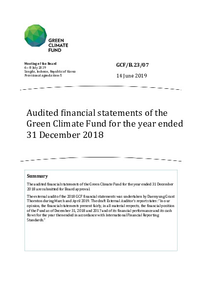 Document cover for Audited financial statements of the Green Climate Fund for the year ended 31 December 2018