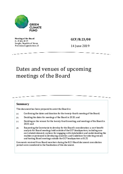 Document cover for Dates and venues of upcoming meetings of the Board