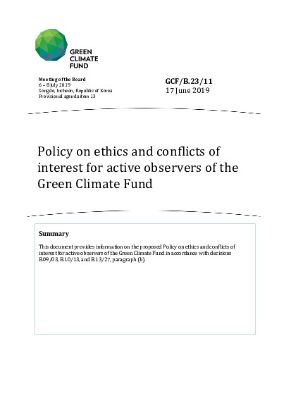 Document cover for Policy on ethics and conflicts of interest for active observers of the Green Climate Fund