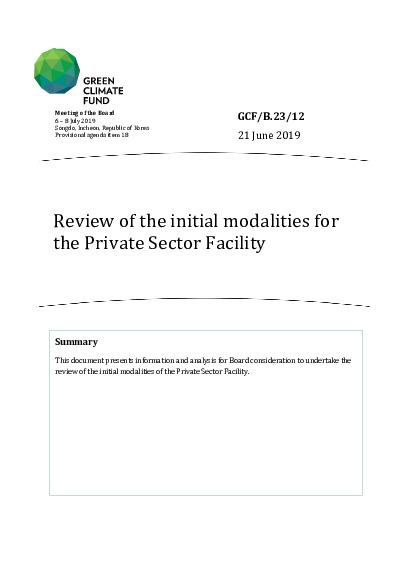 Document cover for Review of the initial modalities for the Private Sector Facility
