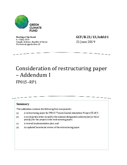 Document cover for Consideration of restructuring paper for FP015 “Tuvalu Coastal Adaptation Project (TCAP)”- RP1