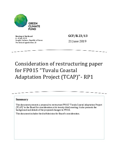 Document cover for Consideration of restructuring paper for FP015 “Tuvalu Coastal Adaptation Project (TCAP)”- RP1