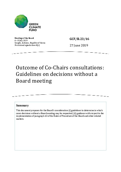 Document cover for Outcome of Co-Chairs consultations: Guidelines on decisions without a Board meeting