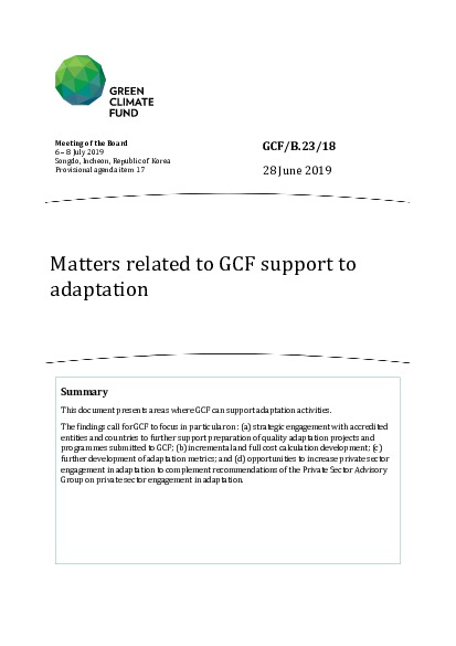 Document cover for Matters related to GCF support to adaptation