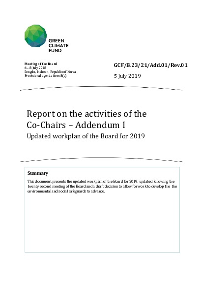 Document cover for Report on the activities of the Co-Chairs – Addendum I: Updated workplan of the Board for 2019