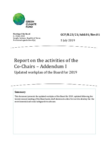 Download Report on the activities of the Co-Chairs – Addendum I: Updated workplan of the Board for 2019 Document cover for Report on the activities of the Co-Chairs – Addendum I: Updated workplan of the Board for 2019