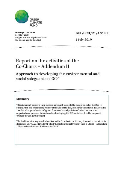 Document cover for Report on the activities of the Co-Chairs – Addendum II: Approach to developing the environmental and social safeguards of GCF