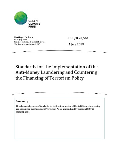 Document cover for Standards for the Implementation of the Anti-Money Laundering and Countering the Financing of Terrorism Policy