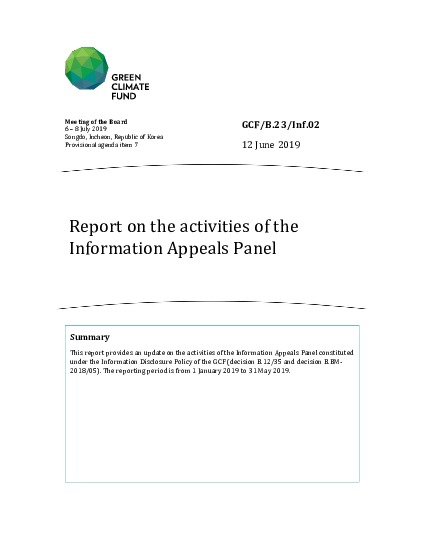 Document cover for Report on the activities of the Information Appeals Panel