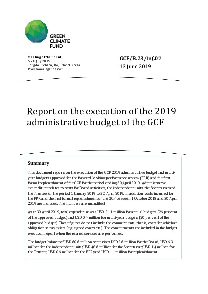 Document cover for Report on the execution of the 2019 administrative budget of the GCF